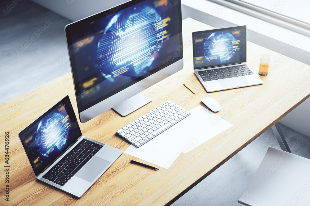 Poster modern computer display with abstract software development hologram and world map, global research a