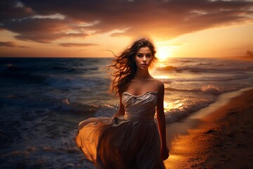 Fototapeta na wymiar beautiful young woman walking on the beach