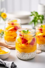 Breakfast idea - glass mason jars with chia seeds pudding, fresh mango, mint leaves and peach smoothie jam or marmalade in the natural daylight