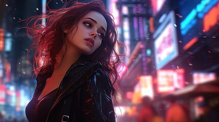 Beautiful girl on the background of the night neon city. AI generation