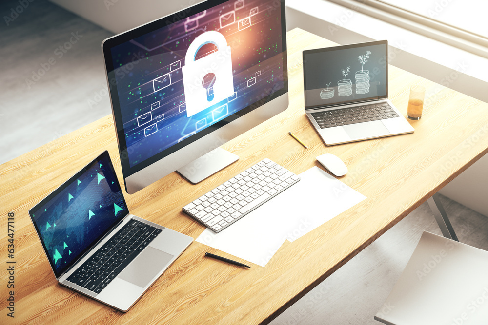 Poster Creative concept with lock symbol and postal envelopes illustration on modern laptop screen. Protection and firewall concept. 3D Rendering
