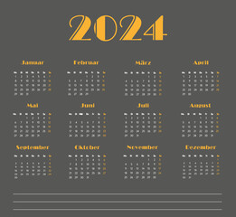 2024 calendar vector design template, simple and clean design. Calendar in German with space for notes. The week starts on Monday.