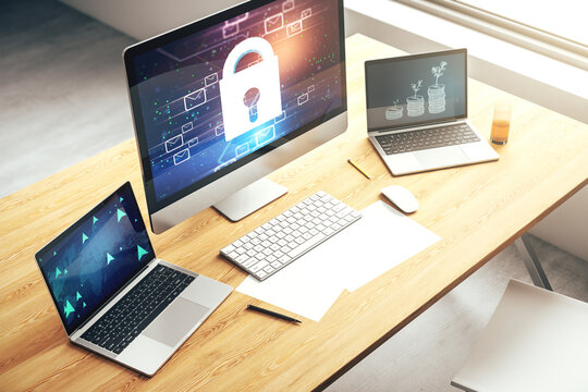Creative concept with lock symbol and postal envelopes illustration on modern laptop screen. Protection and firewall concept. 3D Rendering