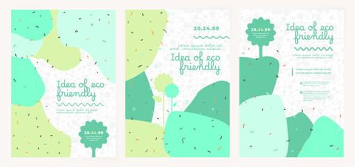 Idea of green eco friendly banner. Set of vector illustrations. Memphis and clean style backgrounds