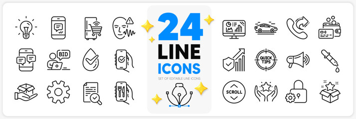 Icons set of Security statistics, Restaurant app and Analytics graph line icons pack for app with Refrigerator, Share call, Ranking thin outline icon. Lock, Chemistry pipette. Vector