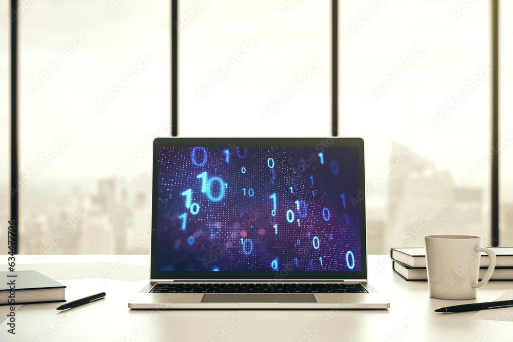 Leinwandbilder creative abstract binary code sketch on modern laptop monitor, hacking and matrix concept. 3d render