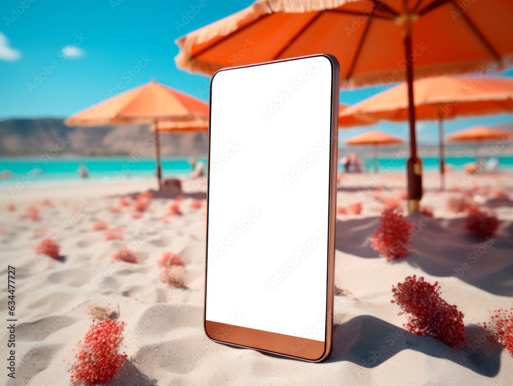Poster mobile phone with white screen on sandy beach with umbrellas. mockup. generative ai