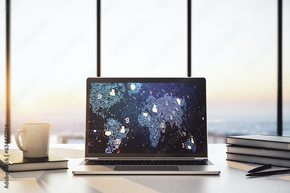 Aufkleber Modern computer monitor with social network icons concept with world map. Marketing and promotion concept. 3D Rendering