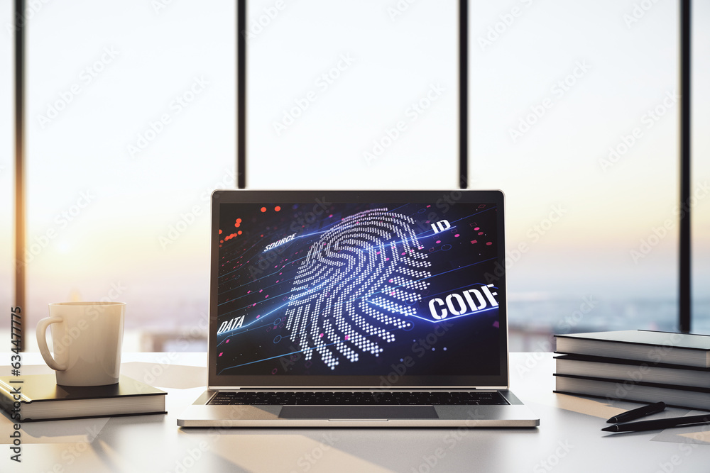 Fototapete Modern computer display with abstract graphic fingerprint sketch, fingerprint scan data concept. 3D Rendering