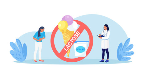 Lactose Intolerance, Allergy on Dairy Products. Diet with Prohibited Milk and Ice Cream, Yogurt. Young Sick Woman Suffering with Stomach Ache, Diarrhea, Abdominal Pain, Bloating, Nausea