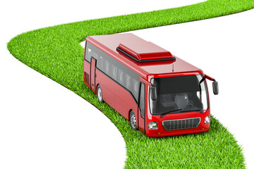 Electric tourist bus on green grass way, 3D rendering isolated on transparent background © alexlmx