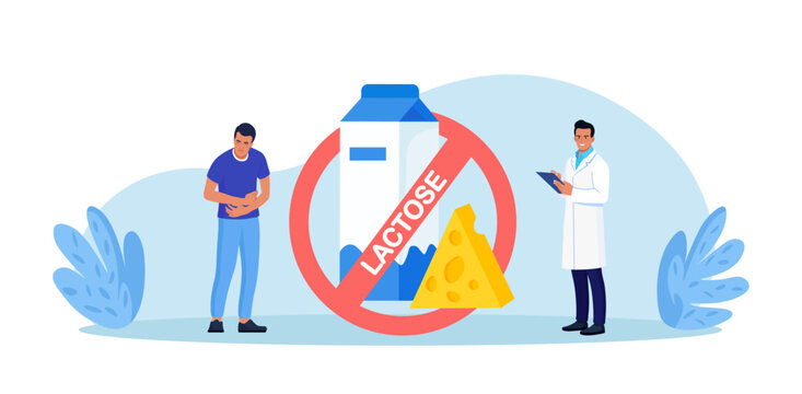 Lactose Intolerance, Allergy on Dairy Products. Diet with Prohibited Milk and Cheese. Young Sick Man Suffering with Stomach Ache, Diarrhea, Abdominal Pain, Bloating, Nausea.