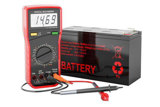 Digital multimeter and sealed UPS battery, 3D rendering isolated on transparent background
