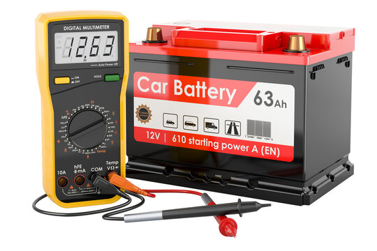 Digital multimeter and car battery, 3D rendering isolated on transparent background