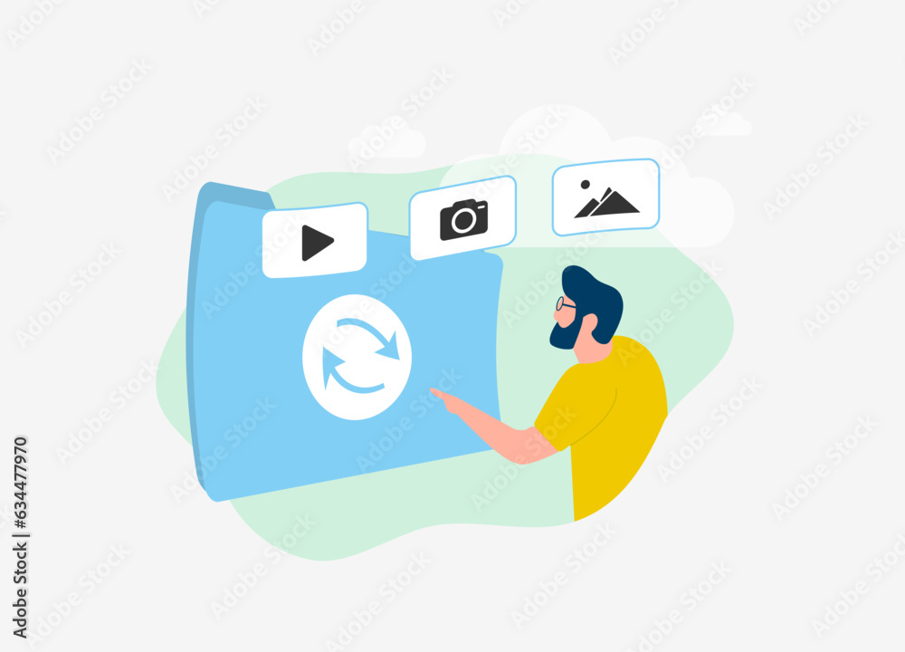 Poster backup files and folders concept. cloud storage with backup media files. man character look at folde
