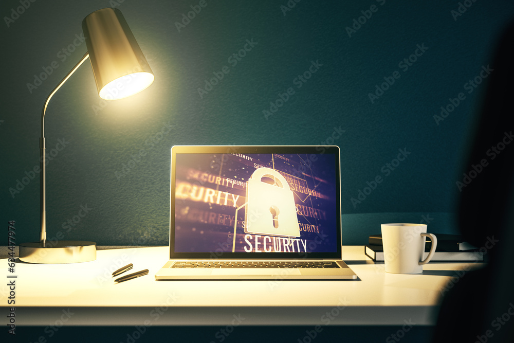 Poster Creative lock sketch with chip hologram on modern computer monitor, protection of personal data concept. 3D Rendering