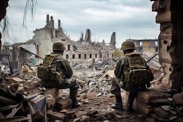 ukrainian soldiers with weapons in the ruin of the city