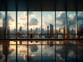 Skyline seen through the glass window of a modern office building. Generative AI