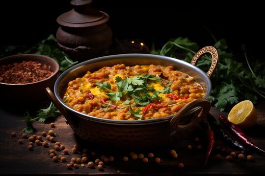 Indian red lentil curry with chickpeas, white rice and fresh cilantro - chana dal - on a wooden table