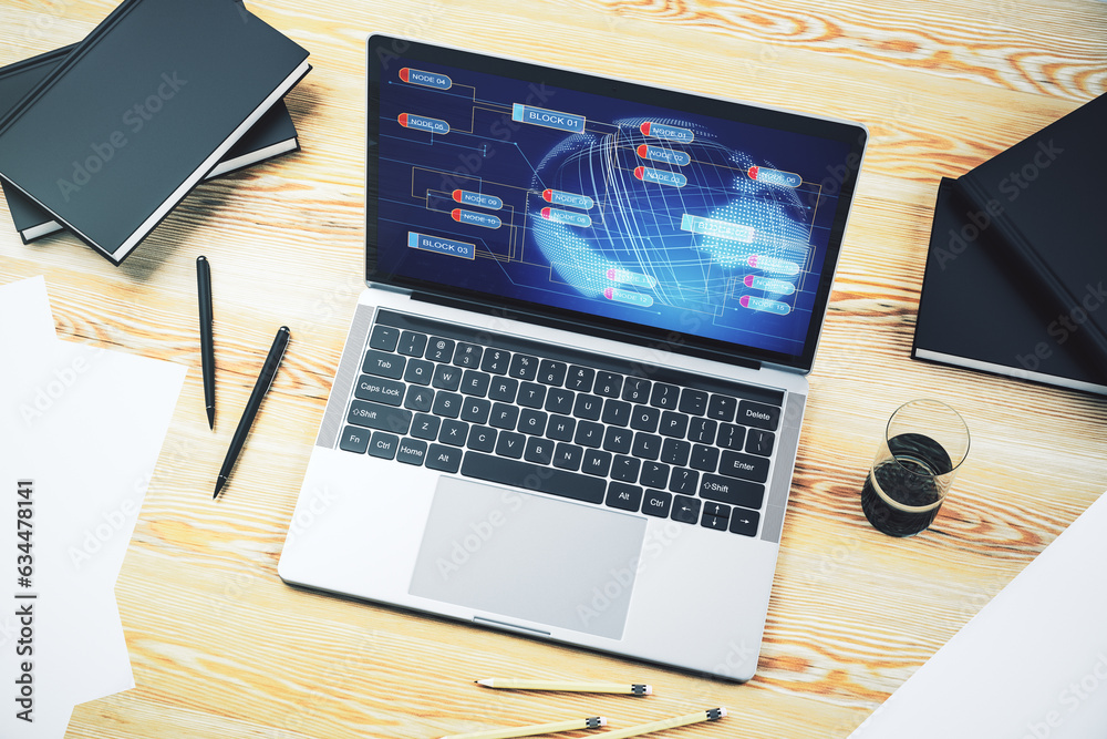 Leinwandbilder abstract creative coding concept with world map on modern laptop screen. 3d rendering