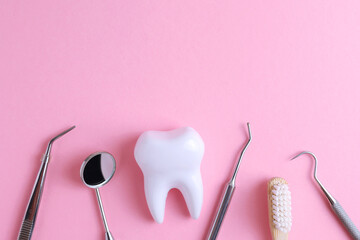 Dentistry concept. Model of a tooth and dental instruments on a colored background with space for...