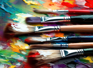 Closeup on paintbrushes on dirty canvas or artist's palette covered with oil paints, concept representation for fine art gallery, visual art genius and talented artist's workshop. Generative AI