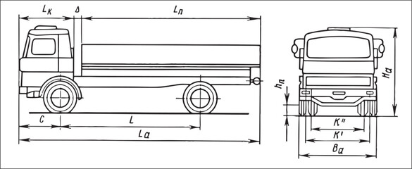 Vector engineering drawing of a truck with dimensional lines
and numerical values of vehicle dimensions.
Cad scheme. Mechanical background. Design documentation.