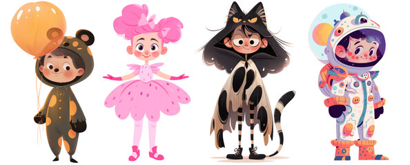 Four Illustrations of kids wearing Halloween costumes with a transparent background