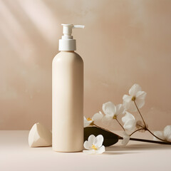 Fototapeta na wymiar Aesthetic minimalist beauty care therapy concept. Spray bottle, cream, marble stone with flower against neutral beige background. mockup