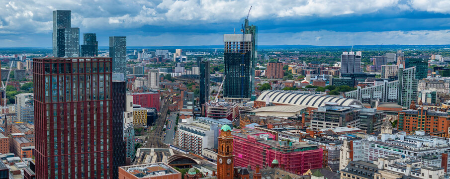 Aerial view of Manchester downtown and skyline development, photographed abbe oxford Road. 