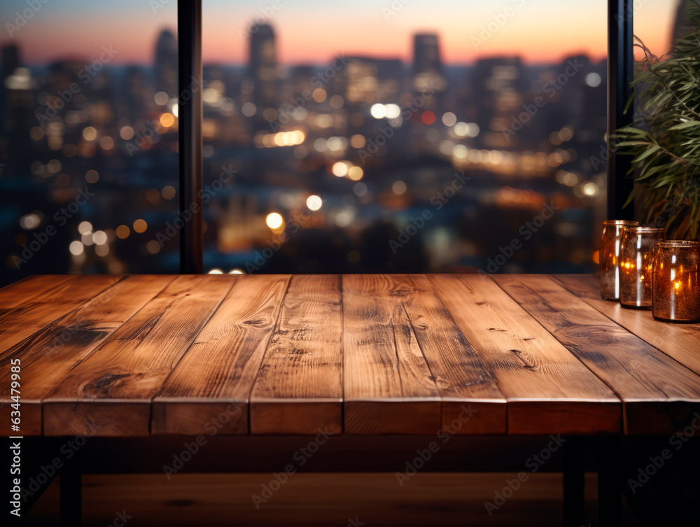 Poster empty wooden table and blurred city view background, product display montage. mockup. generative ai