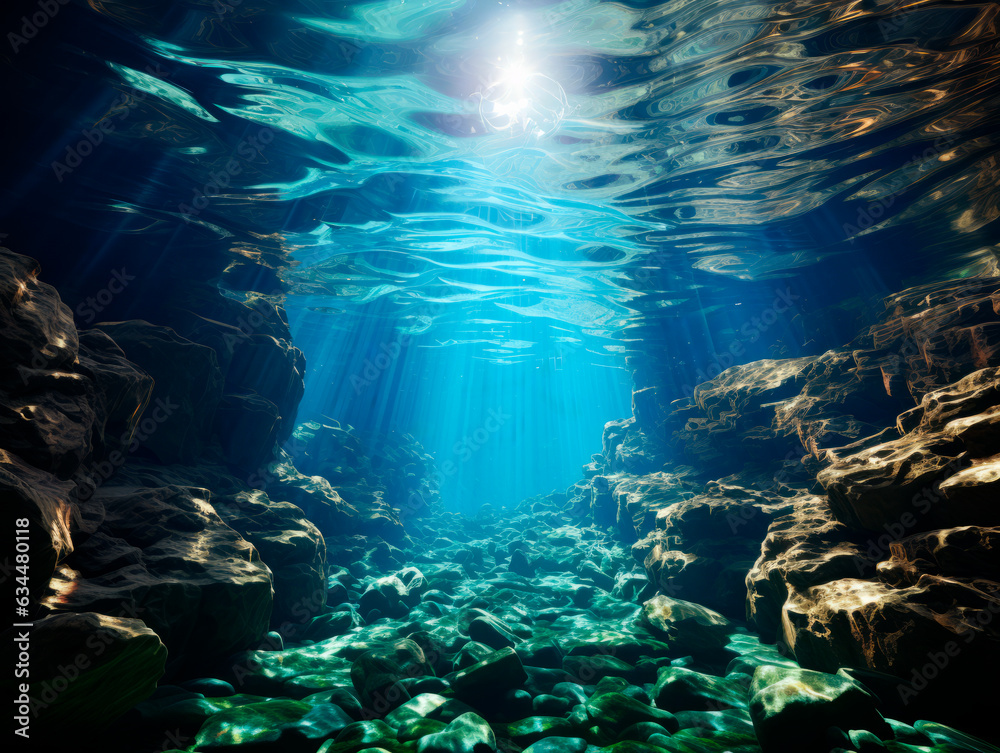 Poster underwater view of the dark blue sea with rocks and sun rays. generative ai