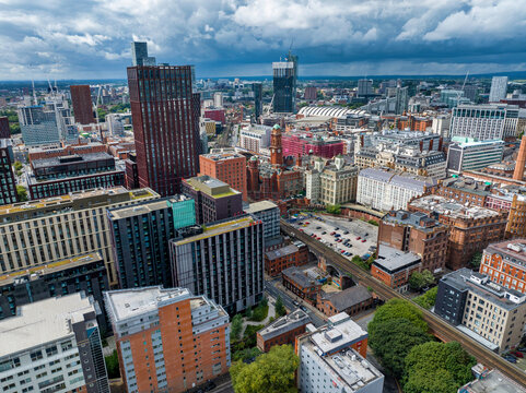 Aerial view of Manchester downtown and skyline development, photographed abbe oxford Road. 