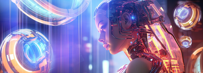 Cyborg woman Sci-fi robot neon. AI generation