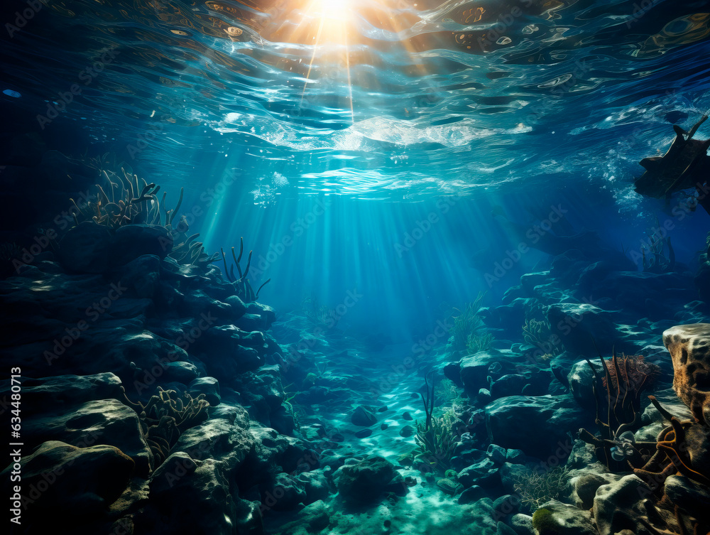 Poster underwater view of the coral reef with sun rays coming through the water. generative ai