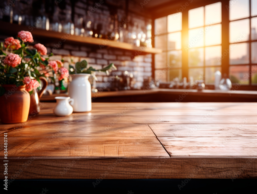 Aufkleber Empty wooden table in a cafe with flowers in vase on the background. Generative AI