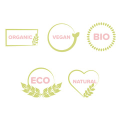 Five green organic icons: vegan, bio, natural, eco, organic