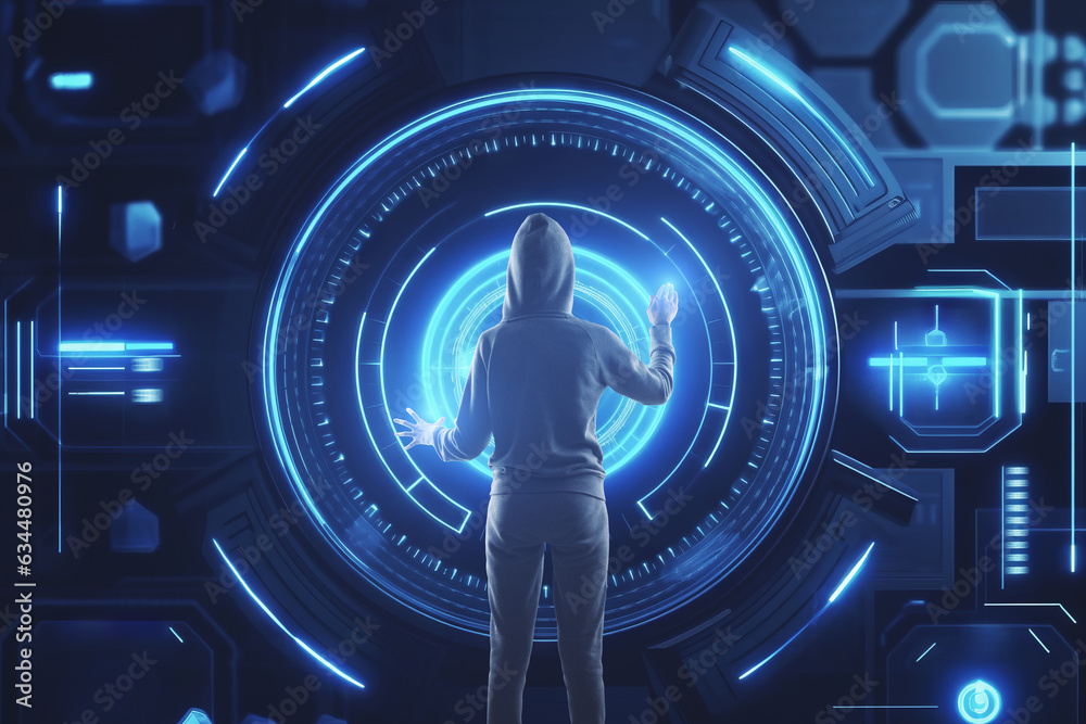 Poster Hacker in hoodie using glowing digital interface. Hacking concept. Generative AI