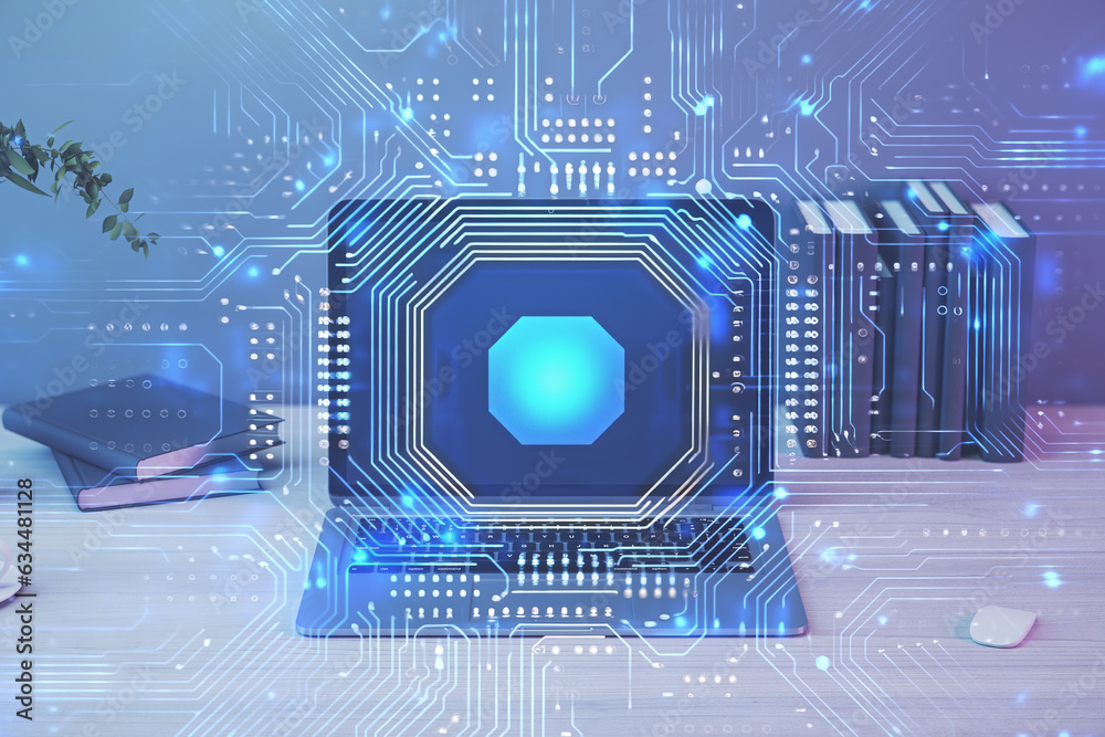 Aufkleber computer on desktop with technology theme icon. double exposure. tech concept. generative ai