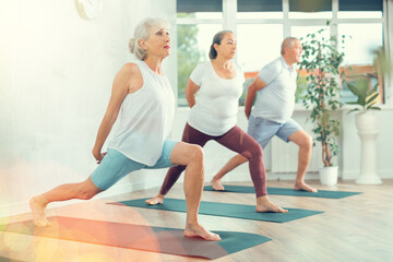 Obraz premium Active elderly women and man practicing various yoga positions during training