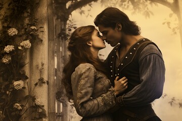princess and a prince kissing in a garden in a medieval epoch