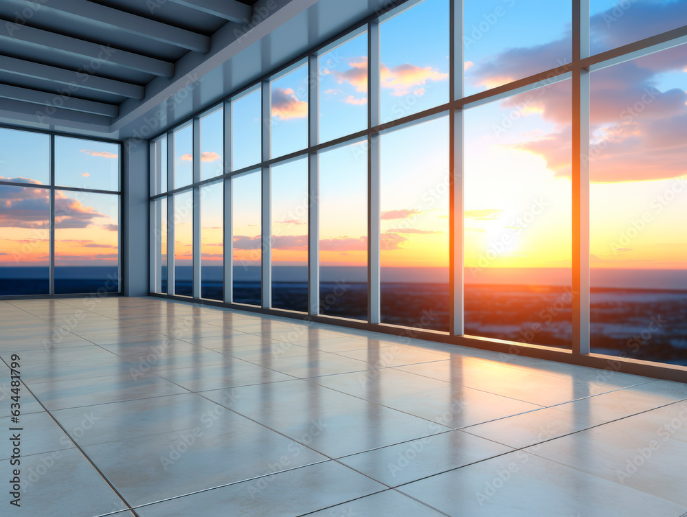 Poster empty room with panoramic windows and sunset sky. generative ai
