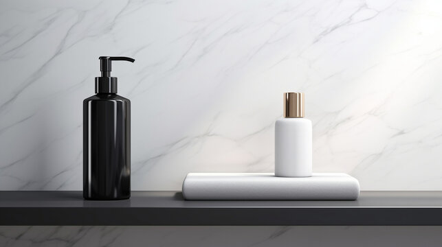 Black Stone Vanity Counter Top, Toothpaste, Toothbrush, Pump Head Bottle in Tray, White Wash Basin in Sunlight on Marble Wall. Luxury Beauty, Cosmetic, Dental, Toiletries Product Mockup Background 3D