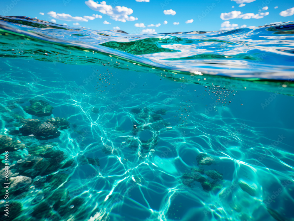 Poster underwater view of coral reef and blue sky with white clouds. generative ai