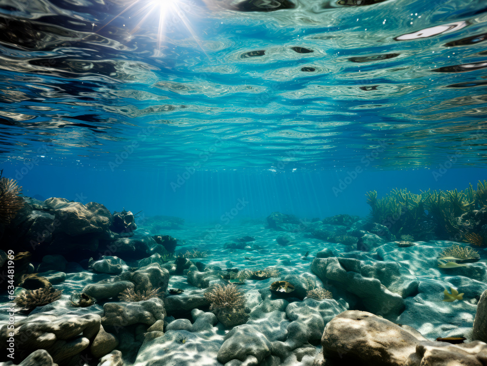 Poster underwater view of the coral reef with fish and corals. generative ai
