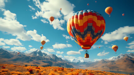 Fototapeta premium a bright rainbow balloon floats in the sky over a gorgeous landscape