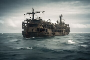 Obraz premium Rusted and Sinking Ship in a Stormy Ocean