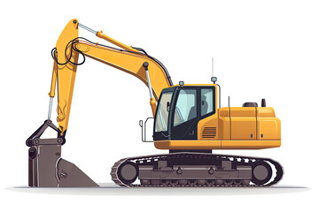 A yellow excavator on a white background. A illustration of a construction vehicle or a clipart for a presentation