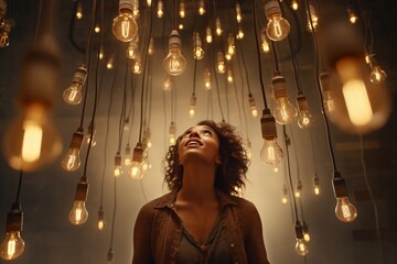 Woman in room full of light bulbs
