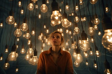 Woman in room full of light bulbs